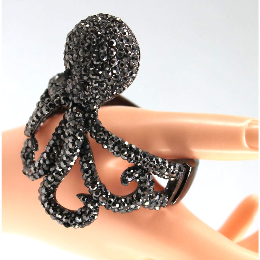 Vintage Black Rhinestone Metal Octopus Bracelet • Hinged Cuff • Fits 7" Wrist